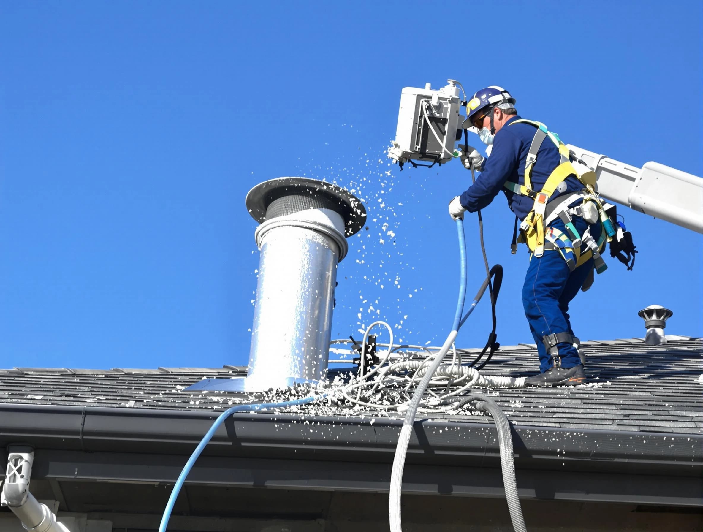 Pittsburgh Dryer Vent Cleaning certified technician safely cleaning a roof-mounted dryer vent in Pittsburgh
