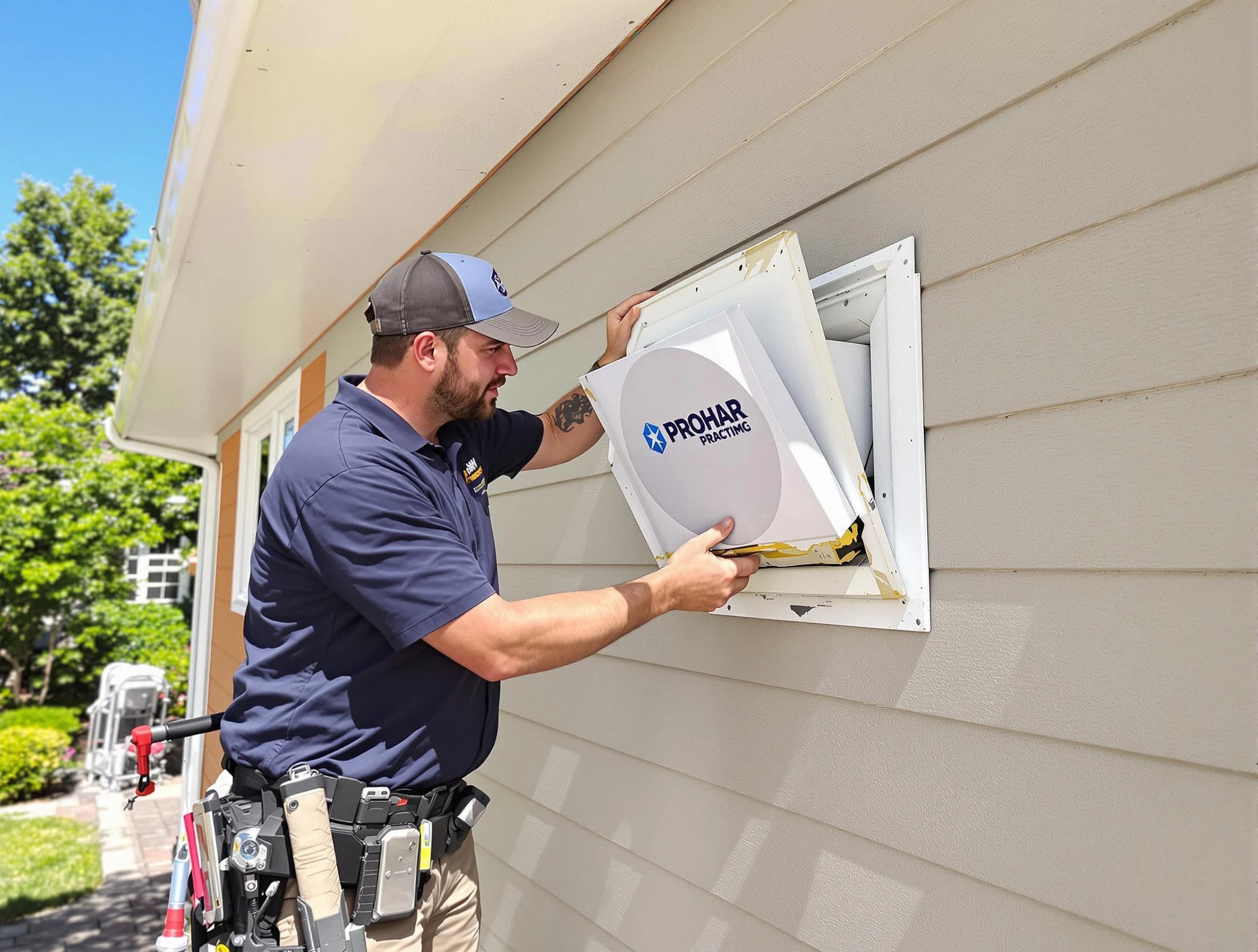 Pittsburgh Dryer Vent Cleaning technician installing a new protective dryer vent cover on a home in Pittsburgh