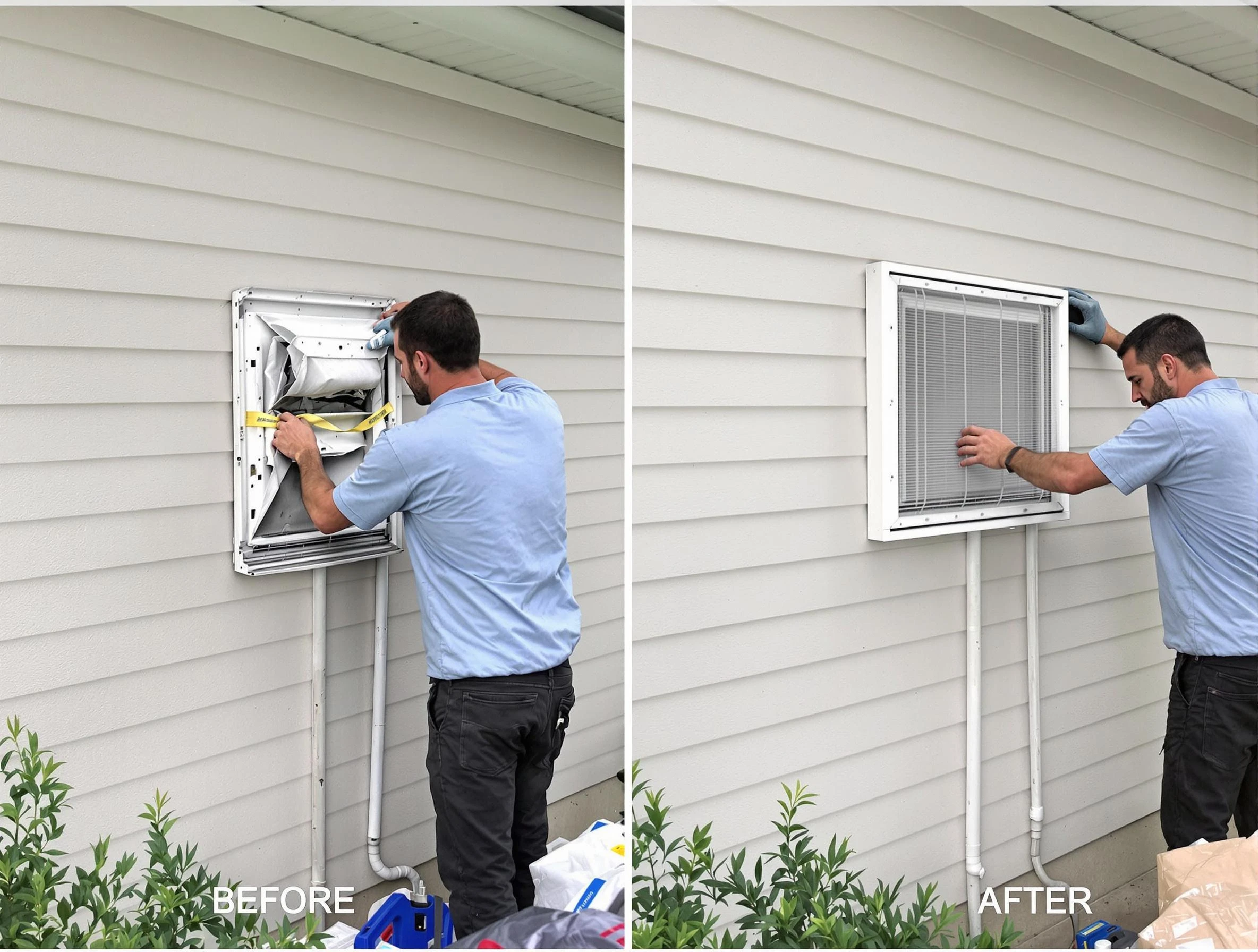 Pittsburgh Dryer Vent Cleaning technician installing high-quality dryer vent cover at a residential property in Pittsburgh